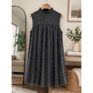 Nine West Black Silver Smocked High Neck Sleeveless Trapeze Swing Dress Med